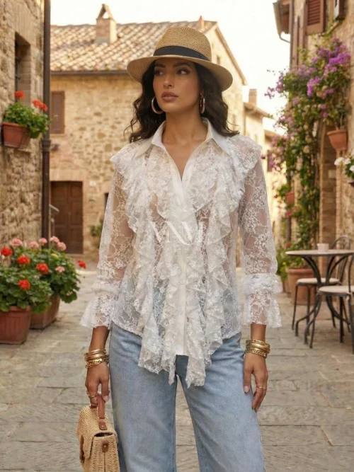 Biała koszula koronkowa z falbanami Romance Lace